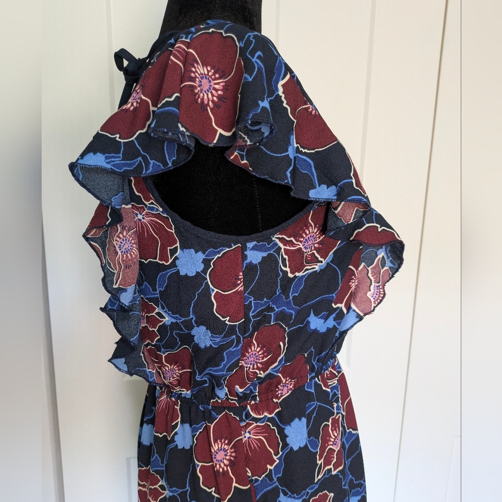 Band Of Gypsies Women's Floral Fall cap sleeve jumpsuit romper Size M blue EUC - Picture 7 of 11